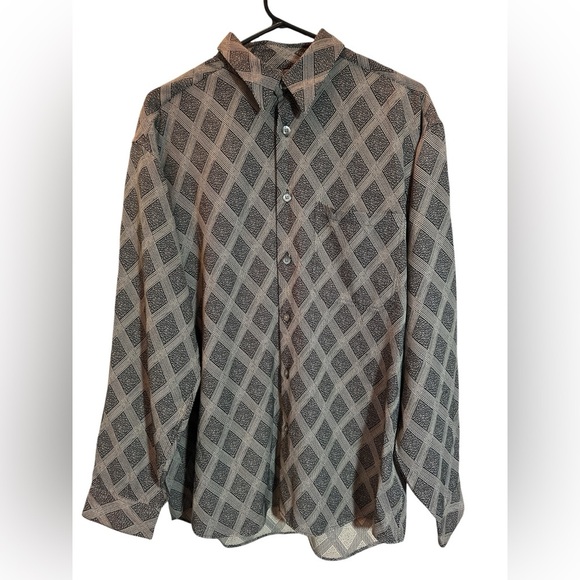 Men's BACHRACH Button Up Tan Black Shirt Diamond Pattern Size Medium 90's Y2K - Picture 1 of 6